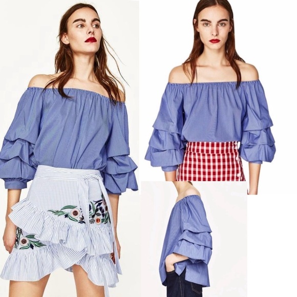 Zara Blue Stripes Off-Shoulder Ruffle Cotton Blouse size XS - Picture 1 of 7